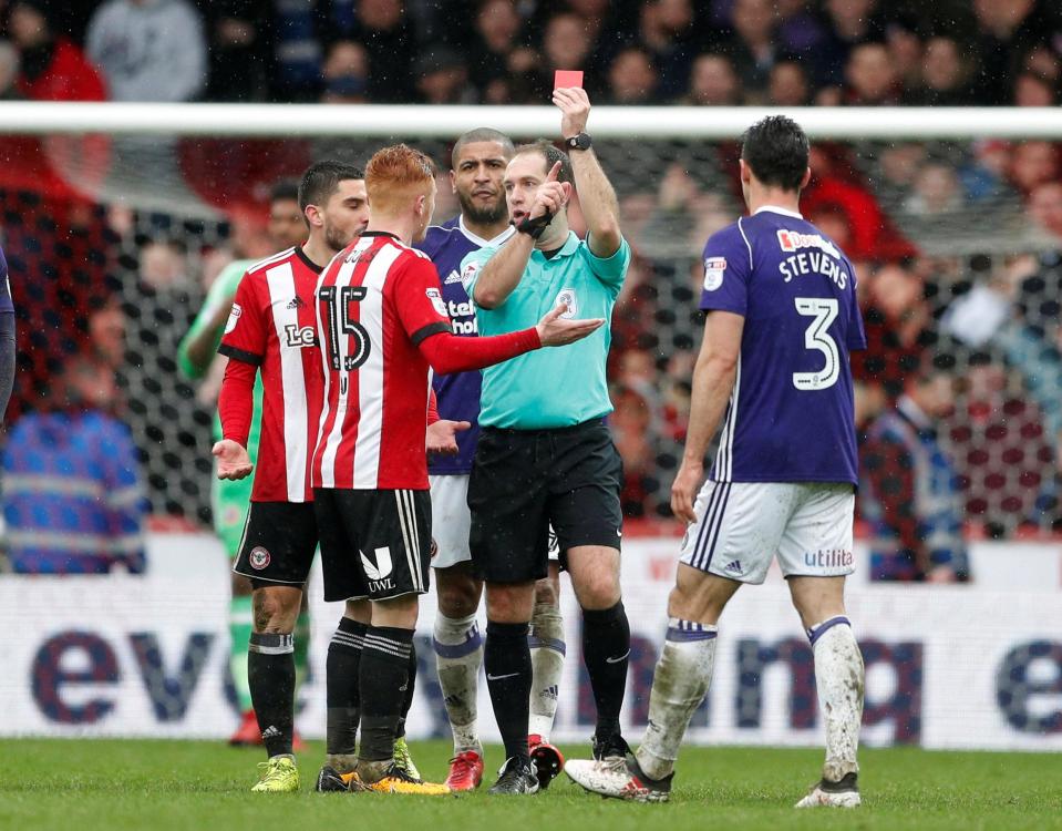  Brentford midfielder Ryan Woods was sent off along with Jamal Blackman in the aftermath of Mepham's leveller