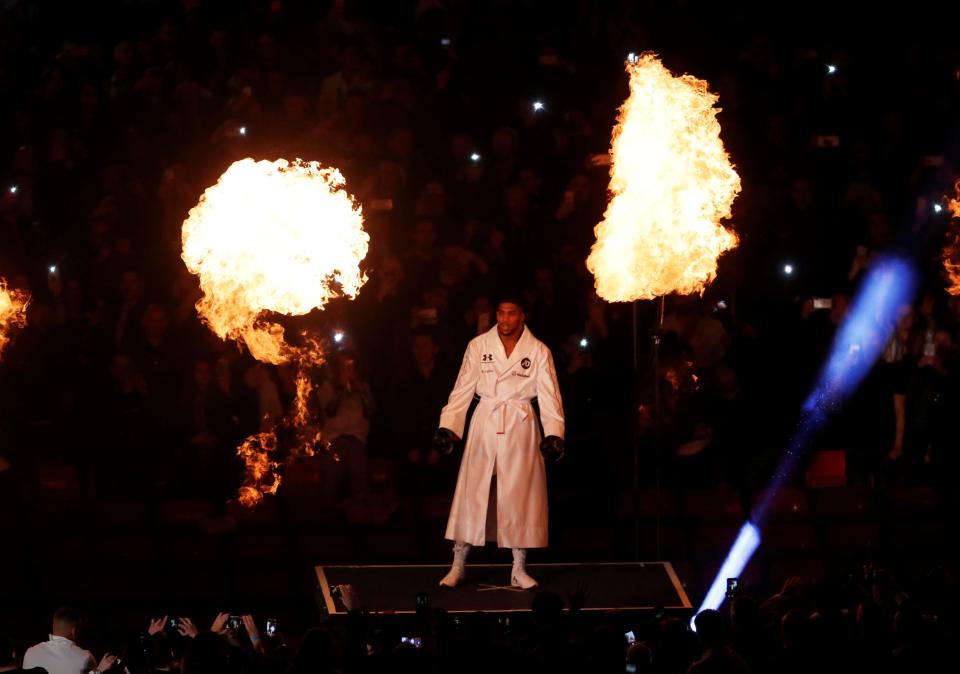  Anthony Joshua makes a dramatic entrance at the Principality Stadium in Cardiff