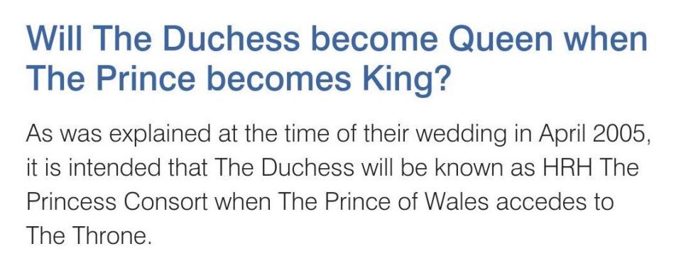  Conspicuous by its absence? The FAQ regarding the question of Camilla’s title when Charles becomes King has been stripped from his official website