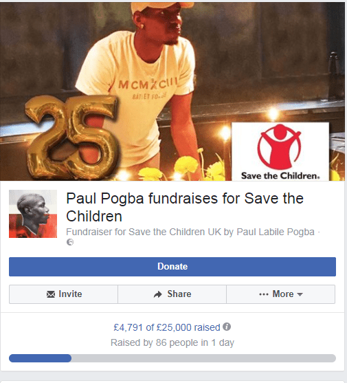  Paul Pogba has set up a fundraising page for Save the Children on Facebook for his birthday