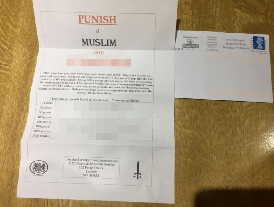 The sick letter has been posted to Muslim families in East London today