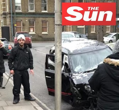  Ant stands dazed next to the smashed Mini on Sunday afternoon in Richmond, south west London