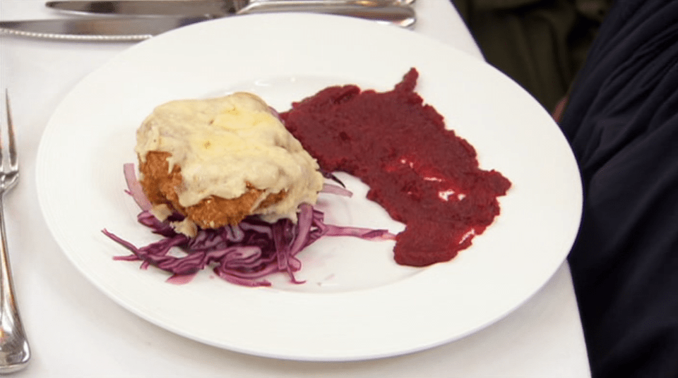  Anthony presented the breaded cutlet chicken alongside pickled cabbage and a spicy beetroot ketchup