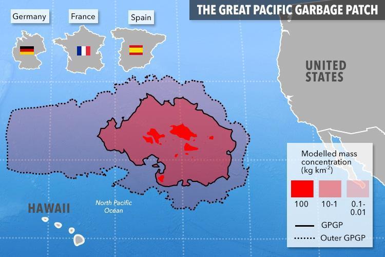  The current size of the Great Pacific Garbage Patch, with the worse parts highlighted