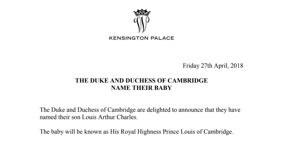  The official announcement was issued by Kensington Palace this morning