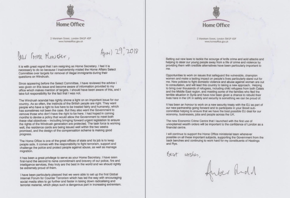  The letter Amber Rudd sent to Prime Minister Theresa May when she resigned as Home Secretary