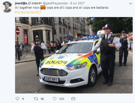 The group tweeted that ‘gay cops are bastards’