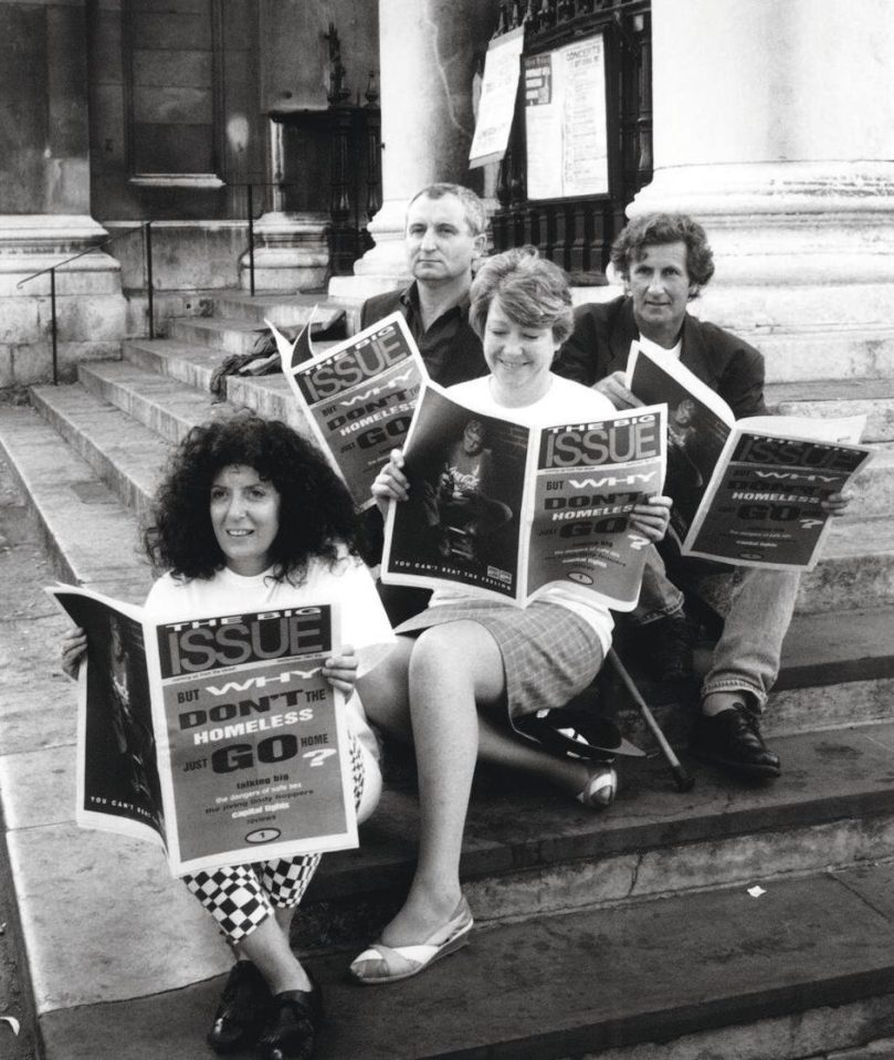  John launching the Big Issue in 1991 with The Body Shop co-founders Gordon and Anita Roddick (bottom left) in 1991. Pictured here with Dame Sheila McKechnie, then director of homeless charity Shelter