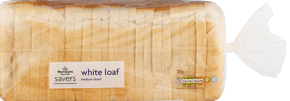  Morrisons' white sliced bread costs 36p for a 720g loaf