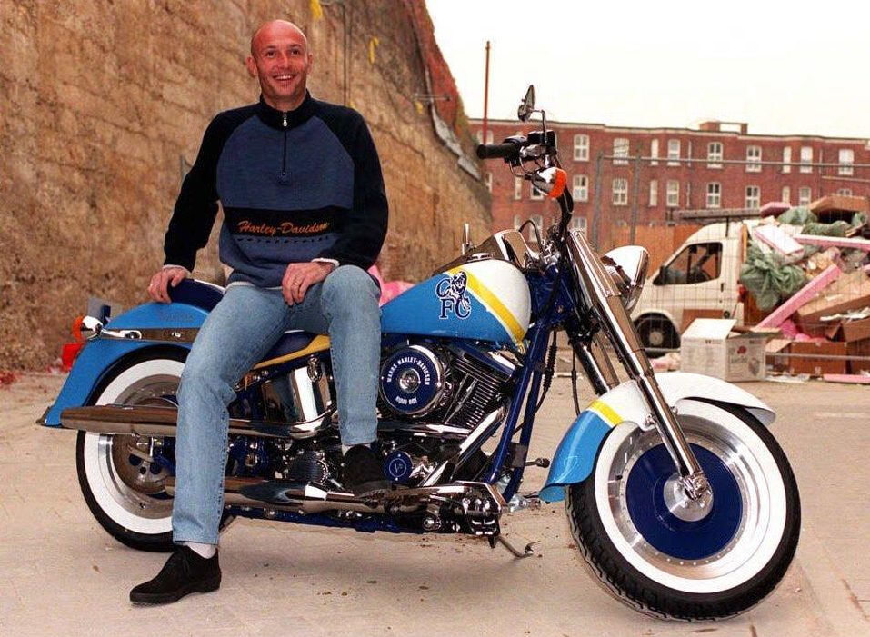  Frank Leboeuf sits atop the special edition, Chelsea-coloured 'Ruud Boy' bike