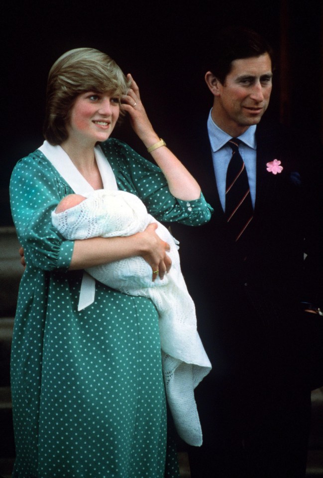 The Prince and Princess of Wales with Prince William on the steps of St Mary’s Hospital, in June 1982 – also with a GH Hurt & Son blanket