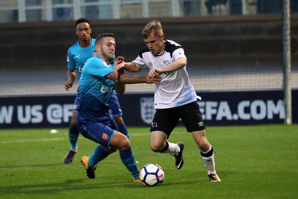  Luke Thomas in action for Derby reserves against Jack Wilshere