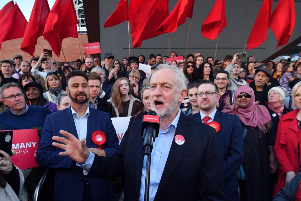  Labour party leader Jeremy Corbyn speaks during a Momentum rally outside Manchester Central