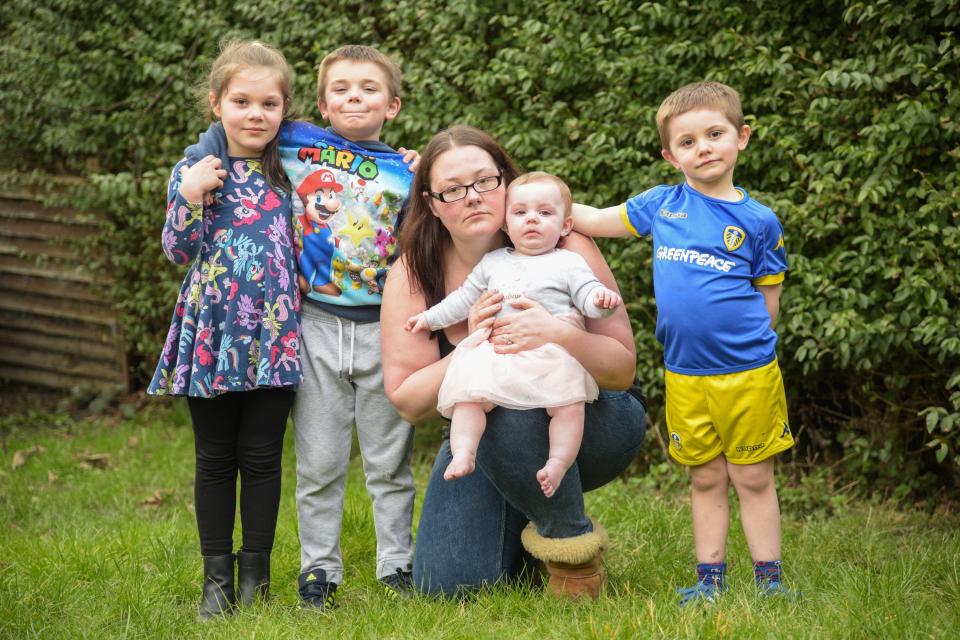  Sarah Harrison took out multiple agreements with BrightHouse before realising the true cost, pictured at home in Leeds. Children from left: Amy 7, James 8, Sophie 8 months, Harry 5