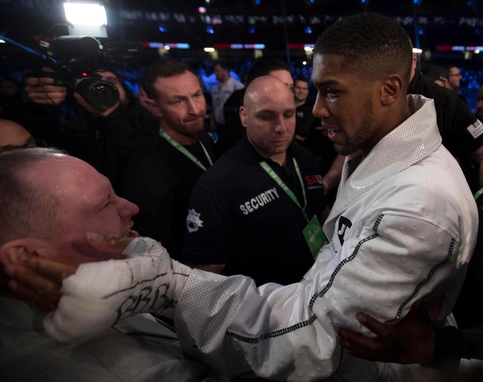  Anthony Joshua celebrated with his entourage after a 21st straight professional victory