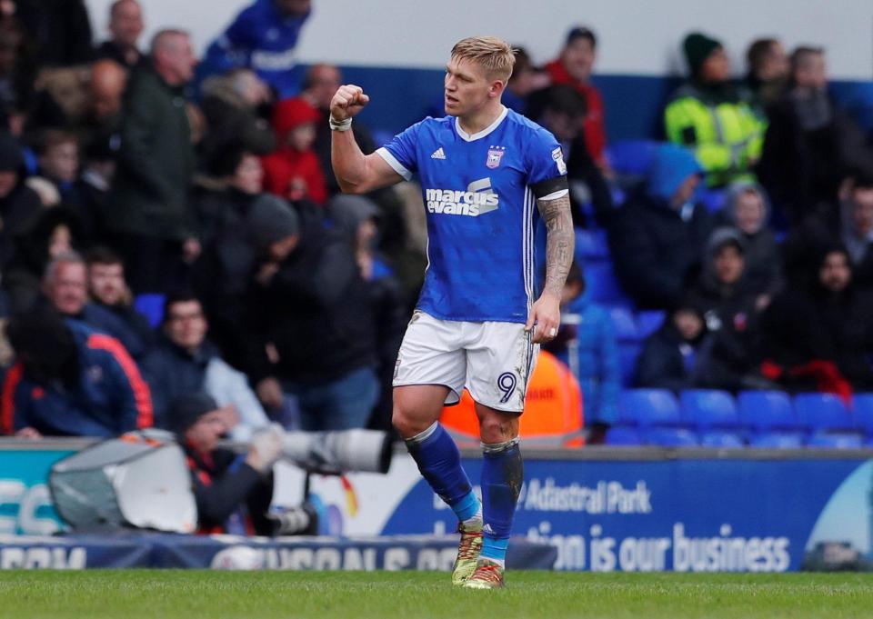  Waghorn celebrates his second goal against Millwall at Portman Road