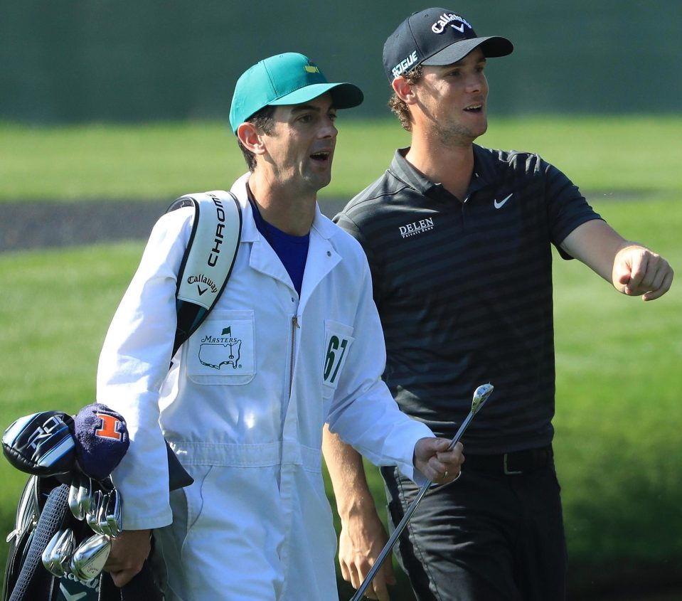  Pieters weighs things up with caddie Adam Morrow during a practice round