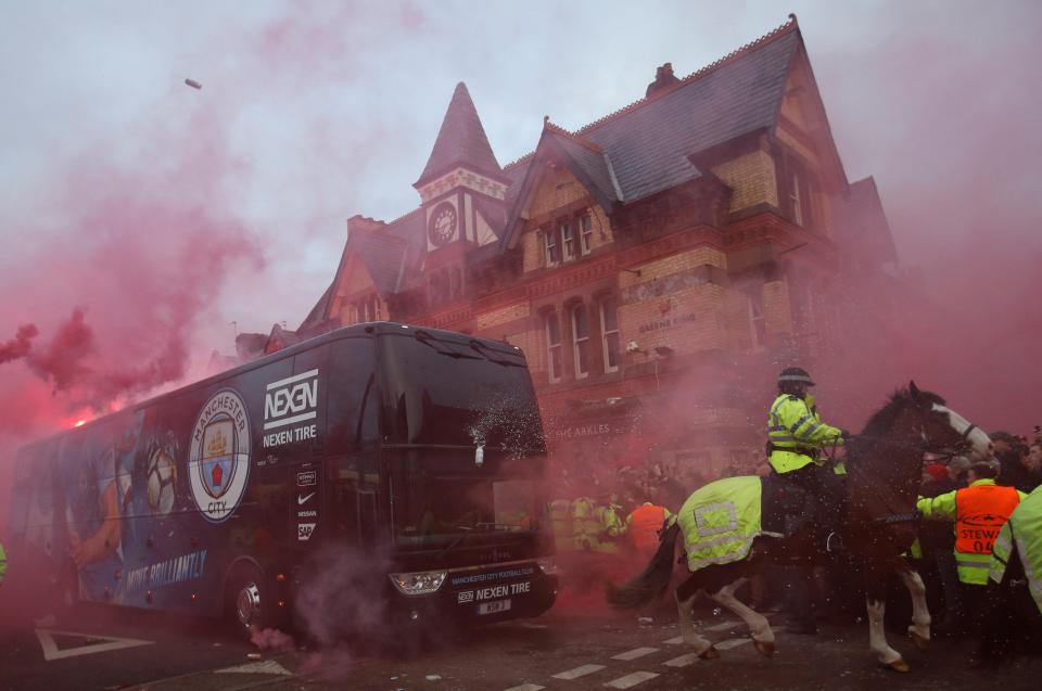  Liverpool fans threw missiles and let off fireworks at the Man City bus outside Anfield