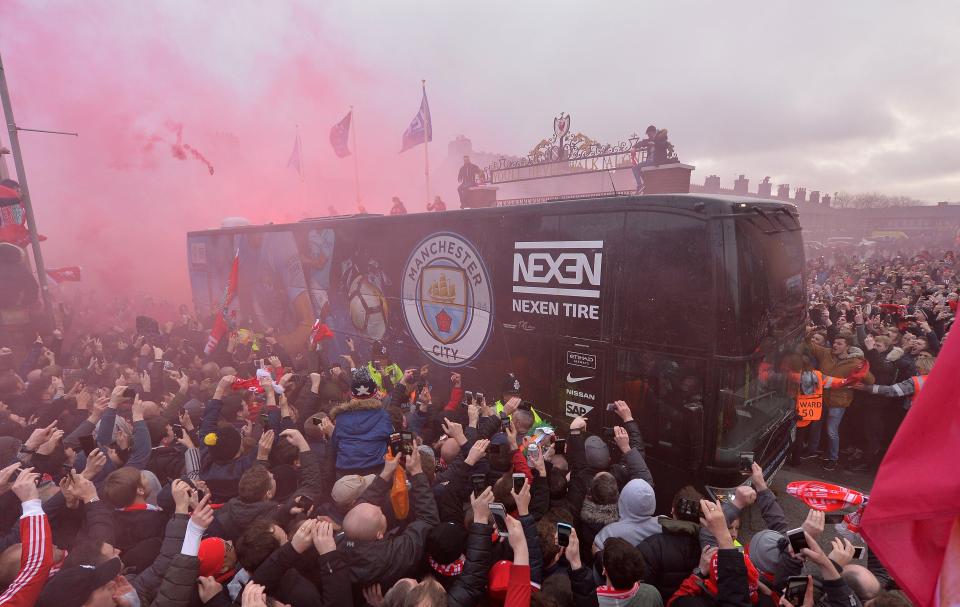  Manchester City's team bus was pelted by missiles and bottles from Liverpool fans as it made its way to Anfield