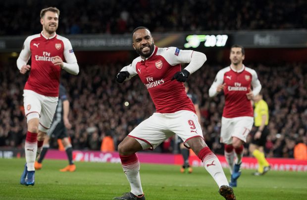 Alexandre Lacazette celebrates as Arsenal take a step closer to the Europa League semi-finals