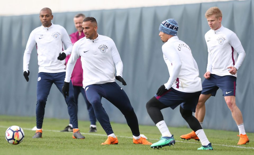  Danilo and Gabriel Jesus in action during training at Manchester City Football Academy