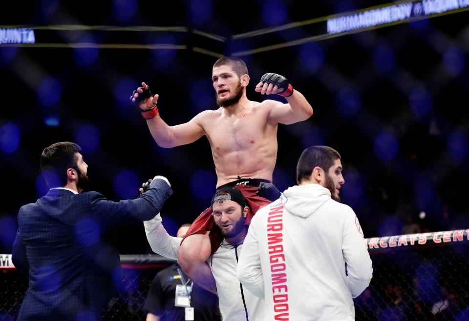  Khabib Nurmagomedov celebrates his win in Brooklyn on Saturday