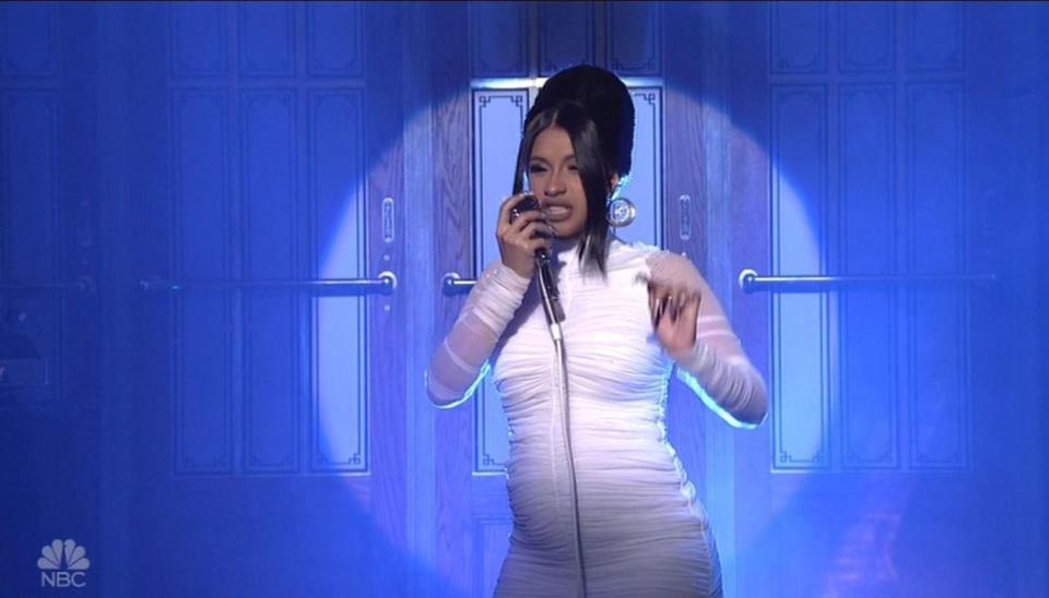  The rapper recently confirmed she was pregnant by appearing on Saturday Night Live with an obvious baby bump