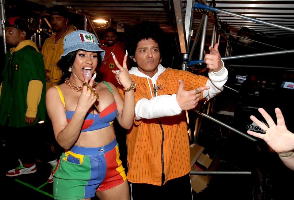  Cardi B, left, with Bruno Mars, right, at the 2018 Grammy Awards