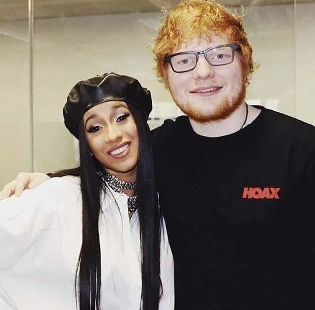  Cardi B, left, with Ed Sheeran, right