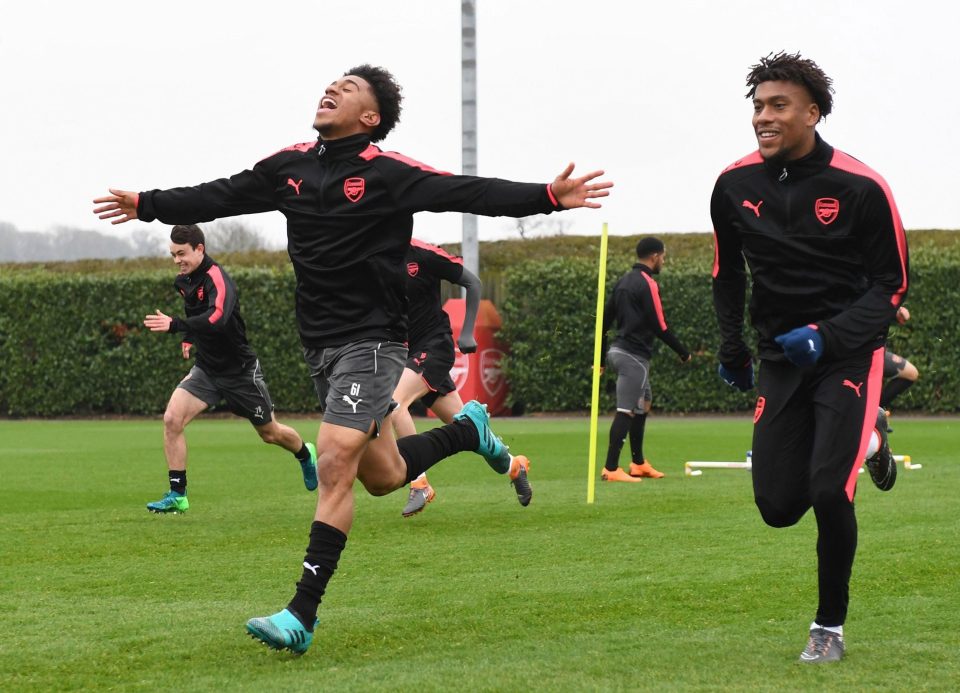  Reiss Nelson and Alex Iwobi train ahead of the Europa League clash with CSKA Moscow