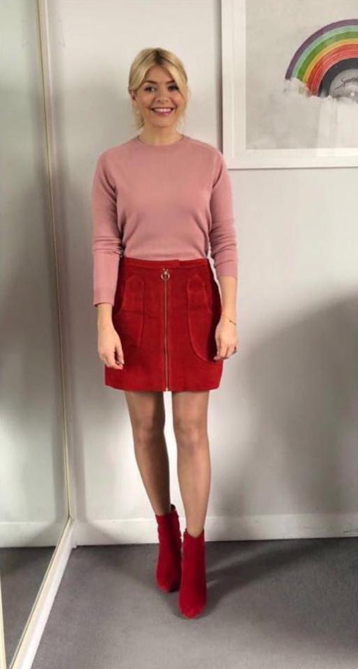 Pink long-sleeve top, £110, LK Bennett; red mini skirt, £265, Reiss; red boots, £125, & Other Stories TOTAL: £500