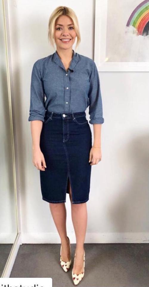 Denim shirt, £88, J Crew; skirt, £25, very.co.uk; shoes, £429, Julia Mays TOTAL: £542