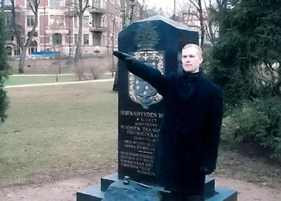  Corporal Mikko Vehvilainen doing a Nazi salute at a Finnish independence memorial