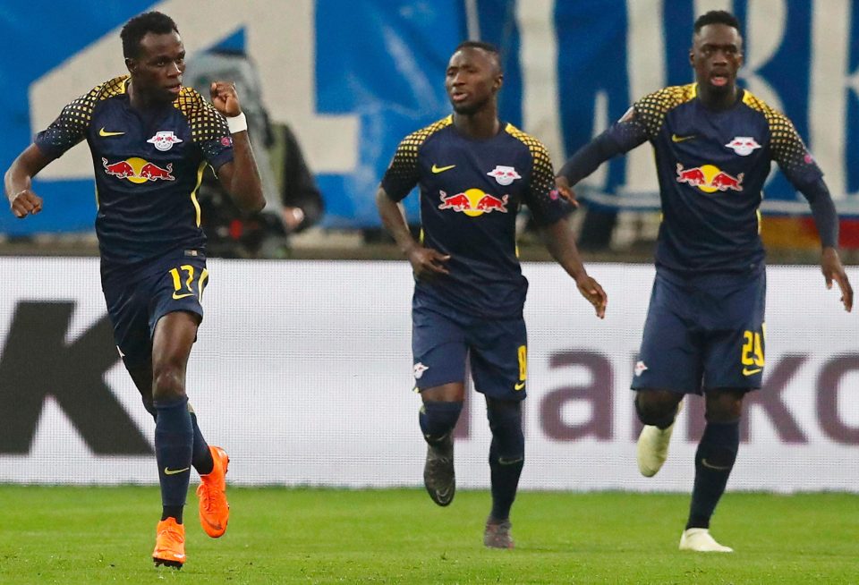  Leipzig's Bruma, left, leads celebrations after his second-minute opener