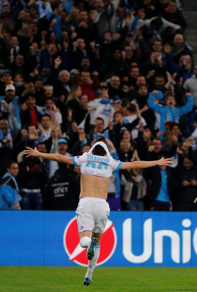  France and Marseille winger Florian Thauvin shares his joy with fans after making it 3-1 on the night