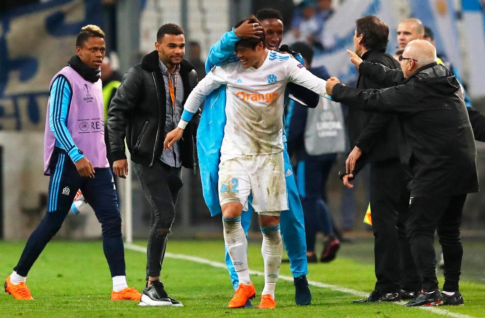  Hiroki Sakai is overjoyed after bagging Marseille's fifth goal and celebrating victory seconds later