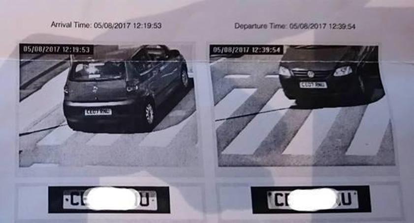  Cameras at the car park, for Llandough hospital, near Cardiff, showed Kevin Williams arriving at 12.19pm and 53 seconds and leaving at 12.39pm and 54 seconds.