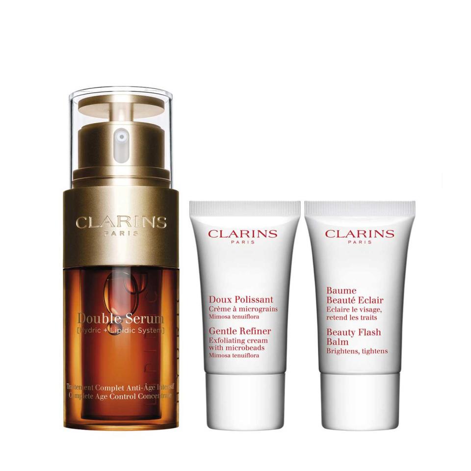  You can get the Youthfully Radiant Double Serum gift set from Clarins for £57 and get travel bottles for free