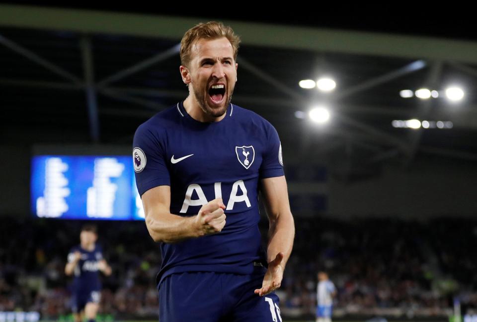  Tottenham striker Harry Kane celebrates scoring against Brighton