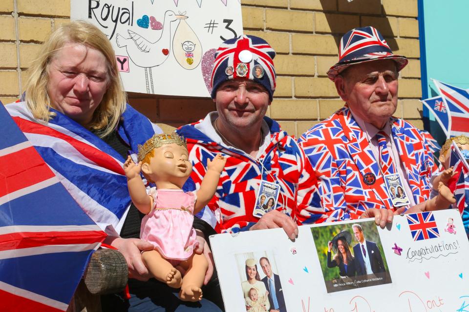  Royal baby watchers Maria Scott, 46, from Newcastle, John Loughrey, 63, from Streatham and Terry Hutt from Weston-Super-Mare