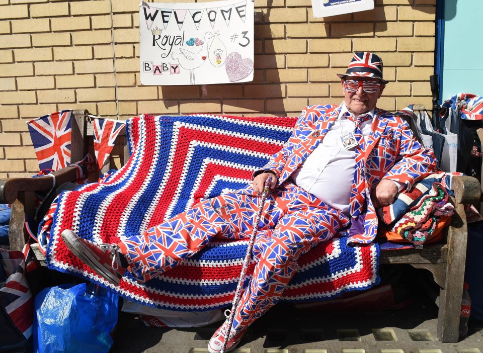  The pensioner is ready to greet the third child of Kate and Wills, in his suit covered in union jacks