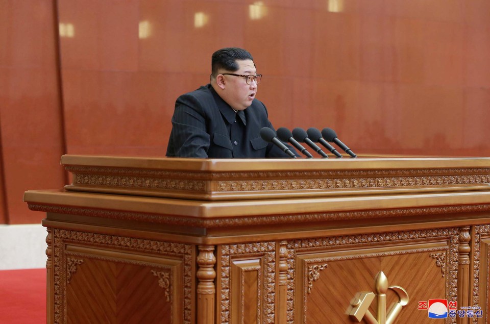 North Korean leader Kim Jong Un speaks during the meeting where he makes the nuke suspension announcement