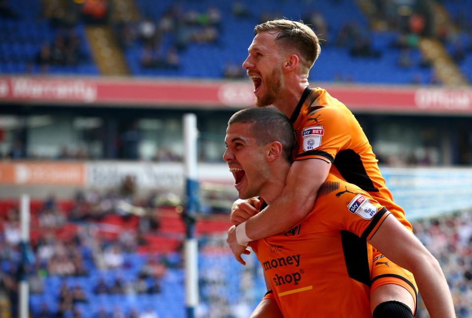  Conor Coady celebrates scoring his sides fourth goal at the Macron Stadium