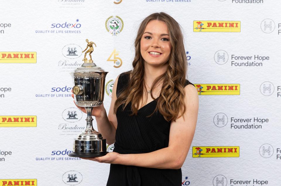  Lauren Hemp poses with the PFA Young Female Player Of The Year Award Trophy