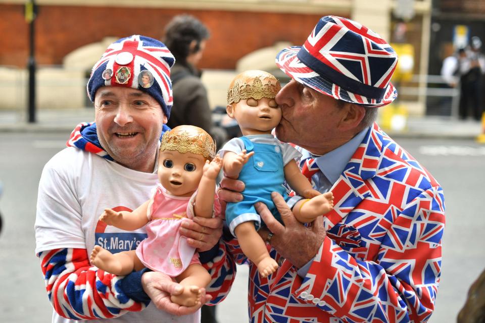  Royal fans John Loughrey, left, and Terry Hutt, right, wait excitedly outside the hospital yesterday morning