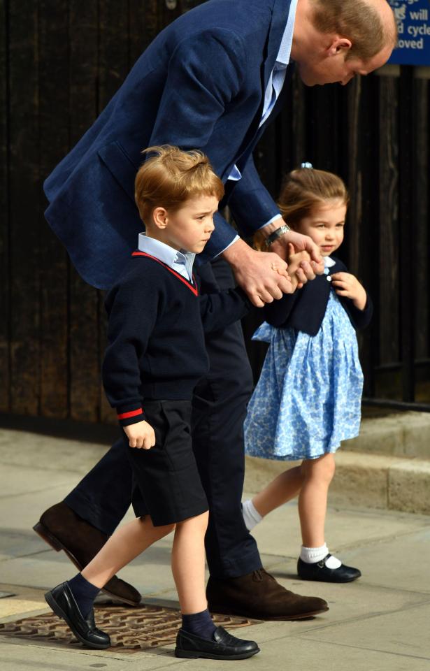  Little George wearing his school uniform and Princess Charlotte walked to the hospital with dad William