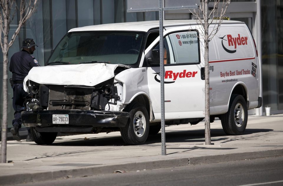  The rented Ryder van mounted the pavement yesterday killing ten and injuring 15 others