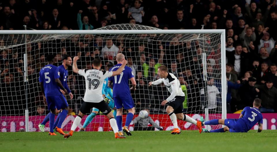  Matej Vydra wheels away after coming off the bench to put Derby in front