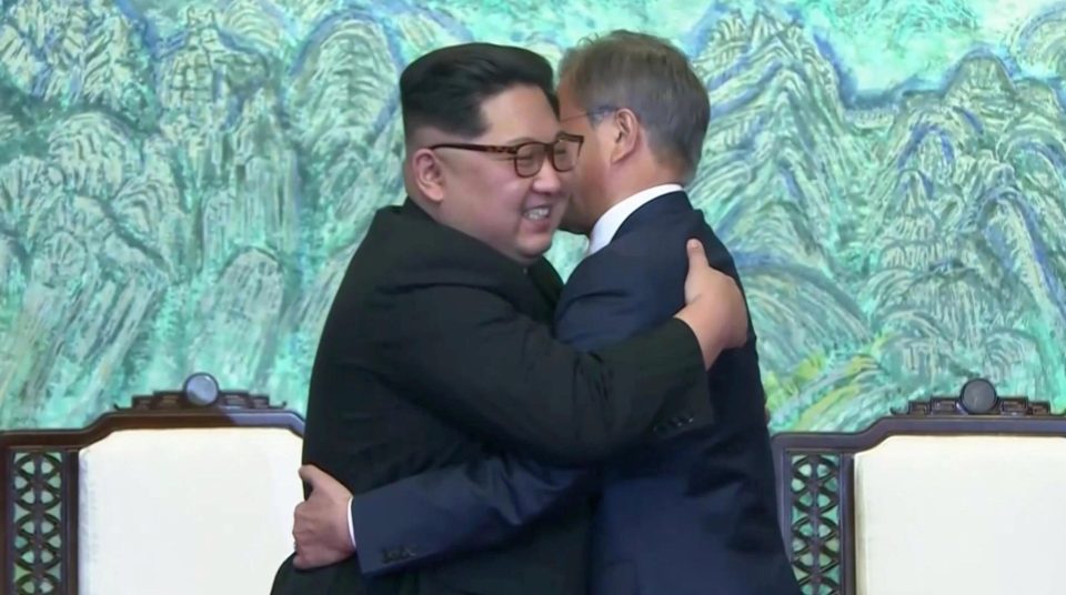  Before the conference Chairman Kim and President Moon embraced after signing a treaty marking the greatest leap forward in relations between the nations in decades