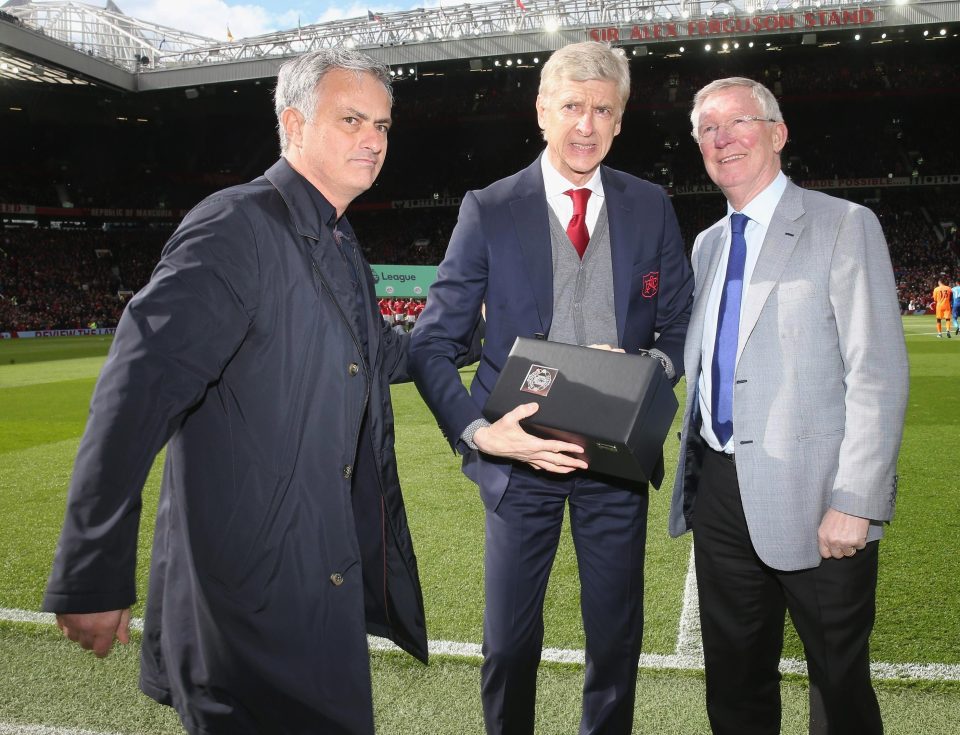  Jose Mourinho and Sir Alex Ferguson with Arsene Wenger before kick-off at Old Trafford